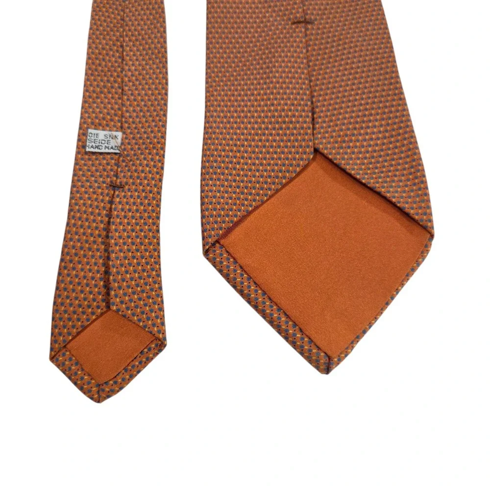 Christian Dior Men Necktie Orange Micro Dot Silk Handmade Floral Designer Formal